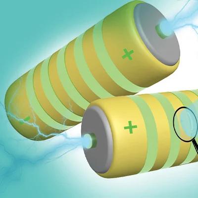Illustration of electric batteries with a magnifying glass focusing on one, implying a close examination or study of battery technology.