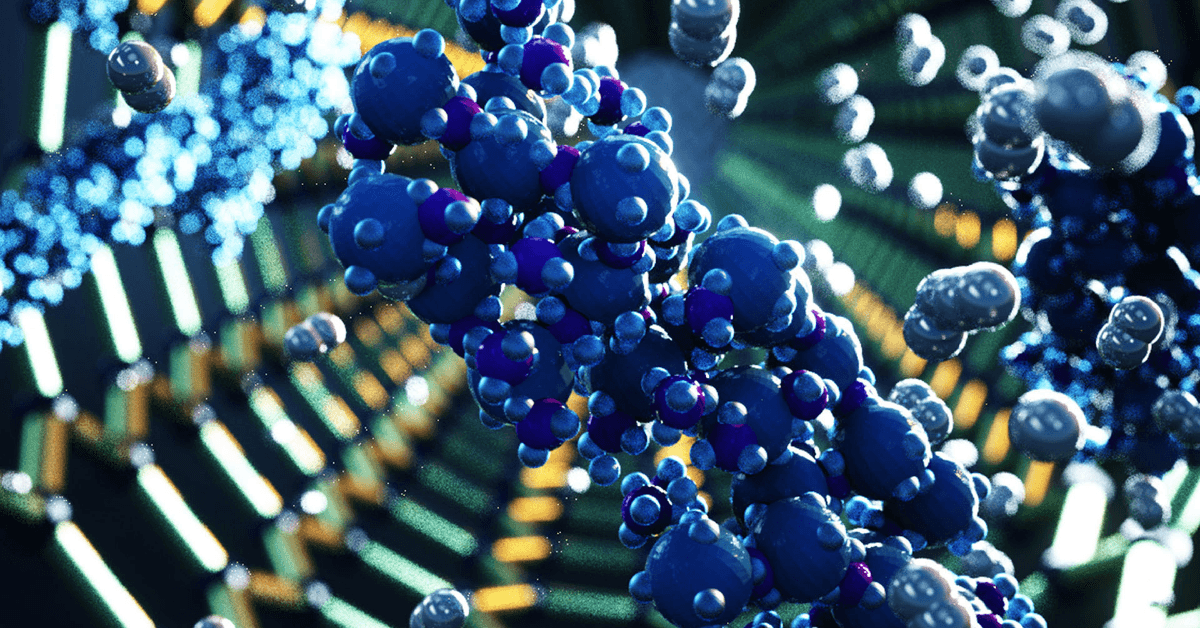High‑resolution 3D illustration of complex molecular assemblies made of blue and white spheres, arranged in a flowing, spiral environment that suggests chemical processes or advanced materials research.