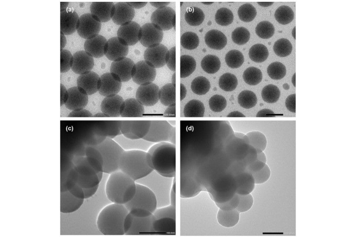 TEM images of (c,d) pristine SiO2-g-PBA and silica spheres of organic phase after etching using (e) aqueous NH4HF2 (entry 7-water) and (f) HF. Scale bars: 100 nm.