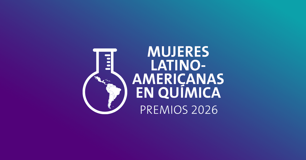Logo reading “Mujeres Latinoamericanas en Química – Premios 2026,” featuring a laboratory flask icon with a map of Latin America on a purple‑to‑teal gradient background.