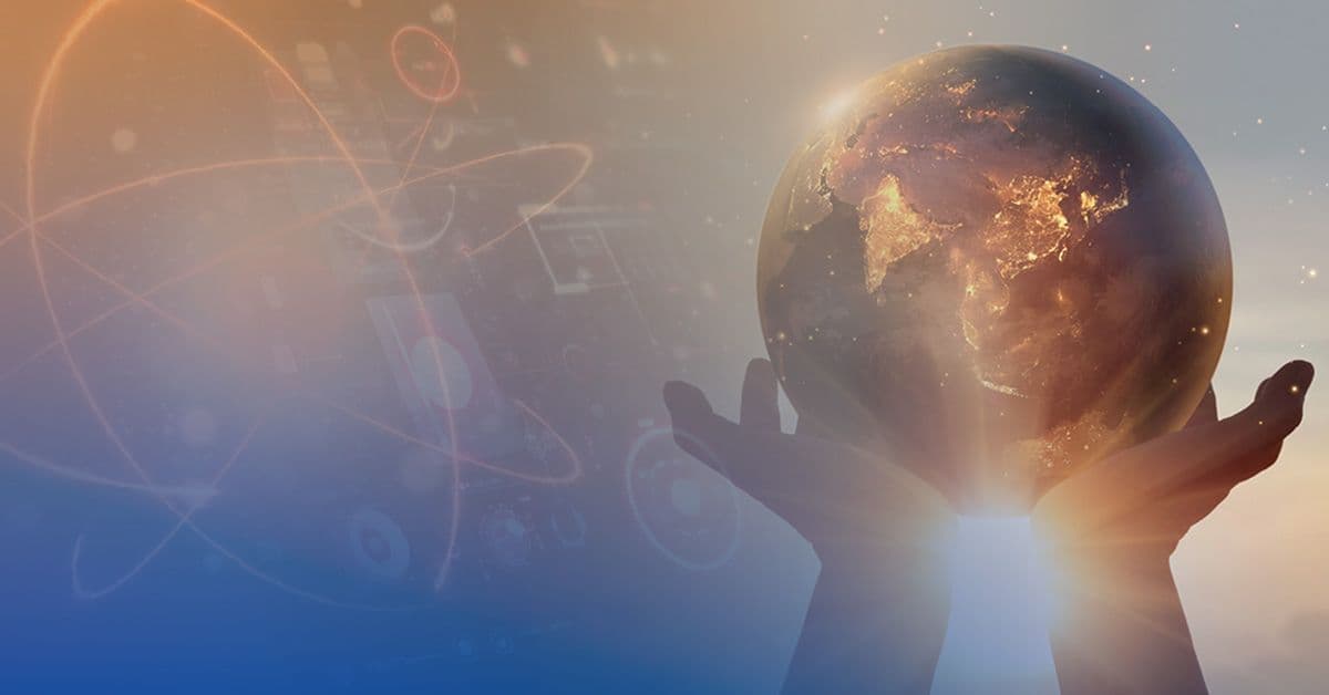 Hands hold a glowing globe against a backdrop of abstract technological graphics and a sunset.