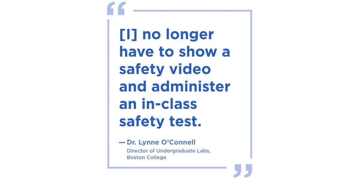 I no longer have to show a safety video and administer an in-class safety test. Dr. O’Connell, Director of Undergraduate Labs at Boston College