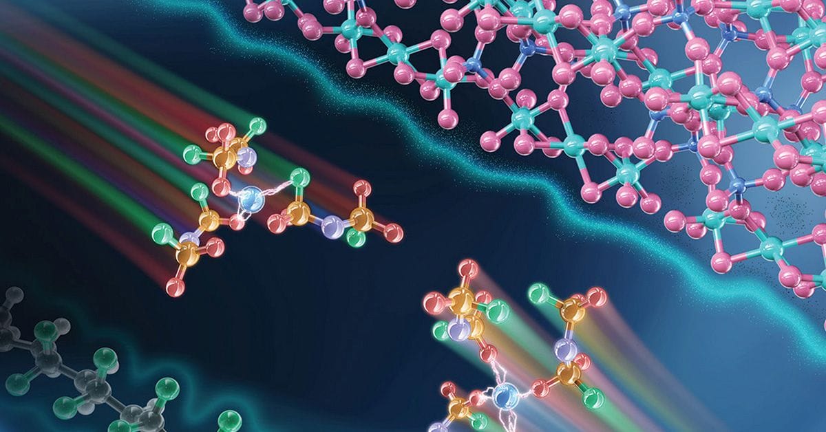 Illustration of multicolored molecular structures with a background of light rays simulating motion blur.