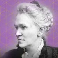 Black and white profile photograph of an older woman with her hair tied back. The background features a purple geometric pattern.