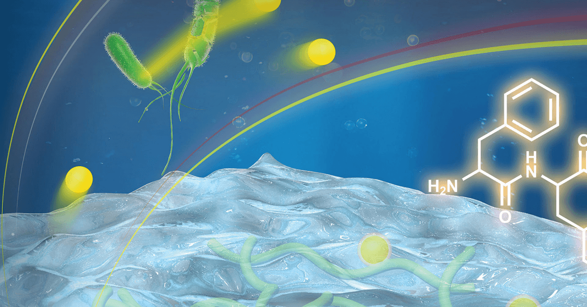 Conceptual scientific illustration of bacteria and glowing particles interacting with a layered surface, alongside a chemical structure diagram.