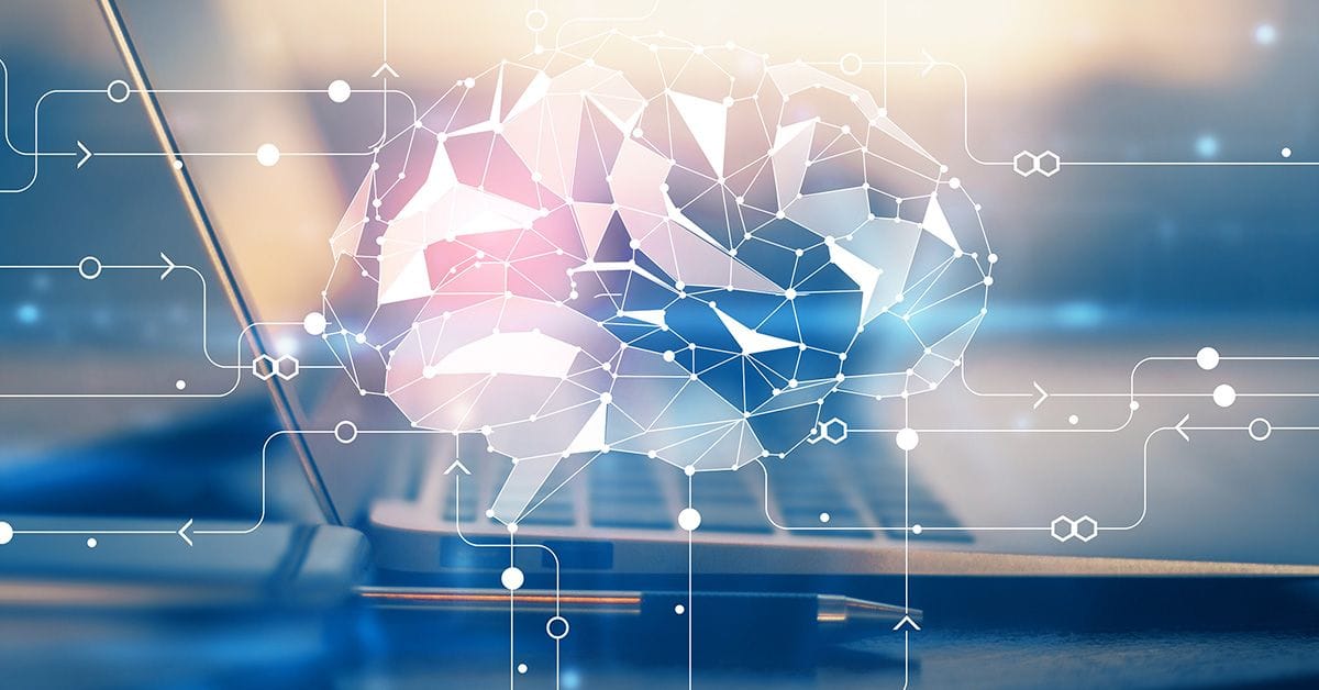 A digital rendering of an AI brain absorbing information from a computer.