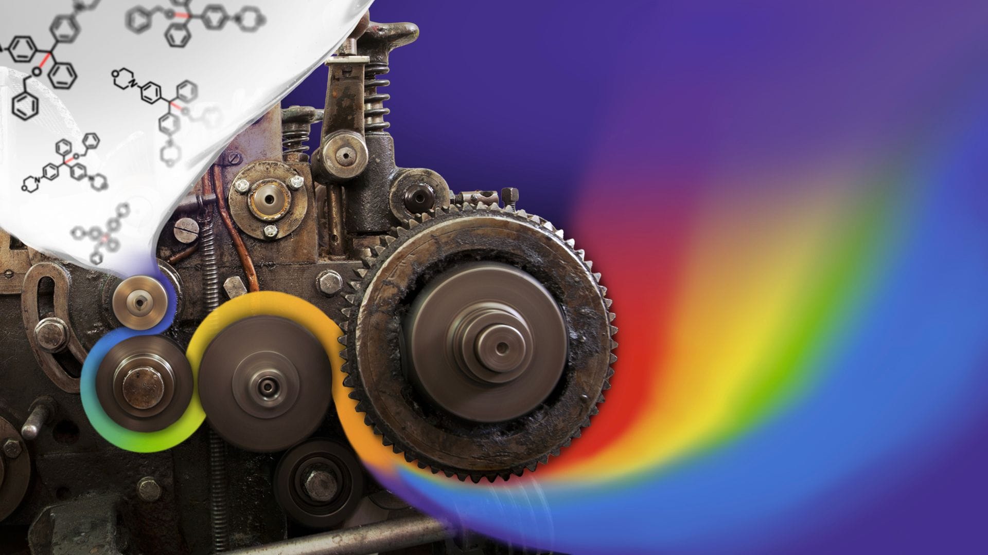 A concept illustration of Vintage machine gears turning white fabric covered in molecular structures into a flowing rainbow.