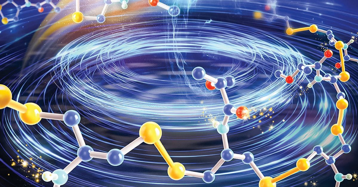 Colorful molecular chains surrounding a swirling blue vortex, representing dynamic chemical reactions or molecular energy transfer