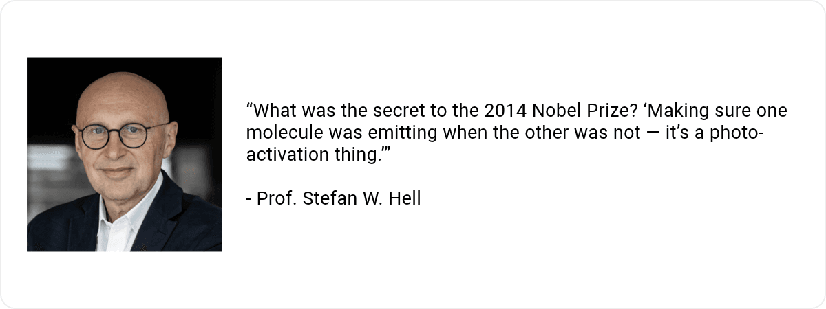 A headshot of Prof. Stefan W. Hell with the quote "“What was the secret to the 2014 Nobel Prize? ‘Making sure one molecule was emitting when the other was not — it’s a photo-activation thing.’”