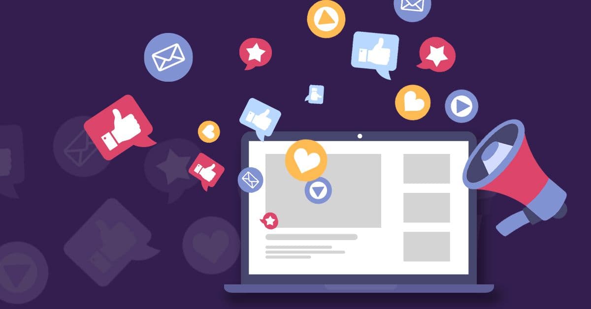 A digital illustration of a laptop displaying content buckets surrounded by colorful social media icons and a megaphone.