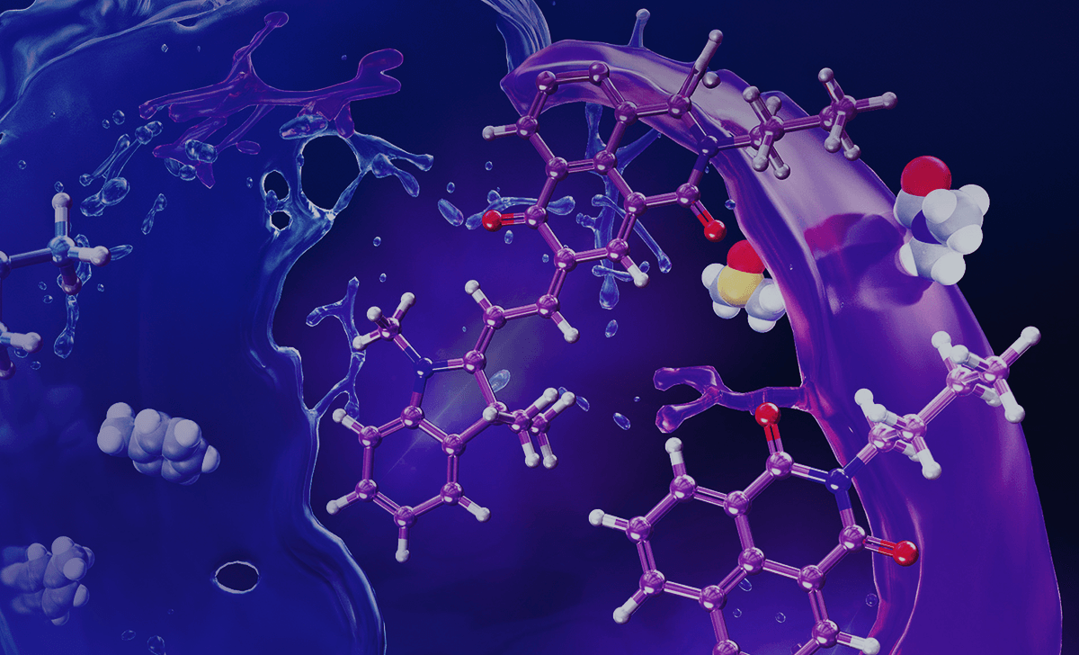 Colorful 3D-rendered organic molecules with atoms shown as connected spheres, set against a dramatic purple and blue liquid backdrop.