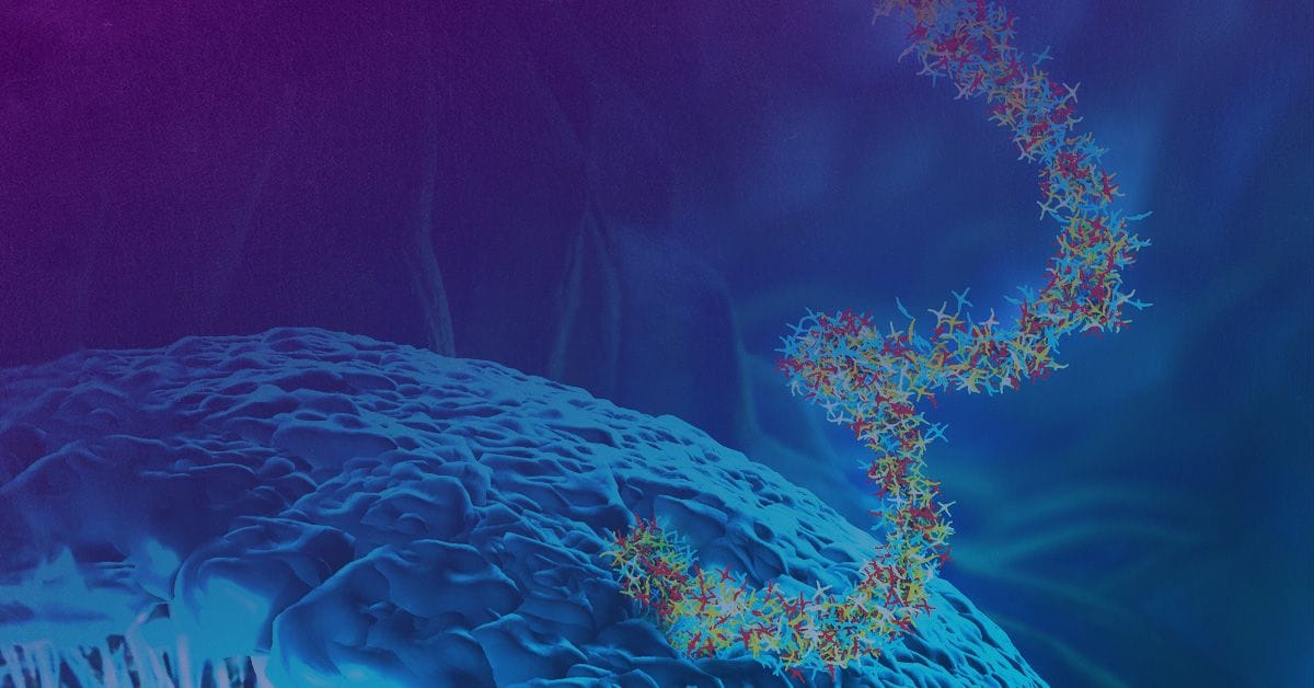 An image of a dna strand in a blue and purple background.