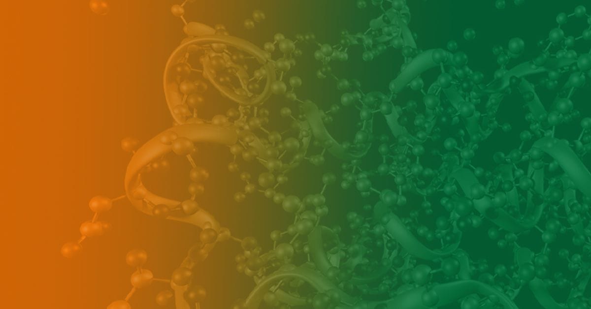 An abstract image featuring molecular structures overlaid with an orange-to-green gradient background.