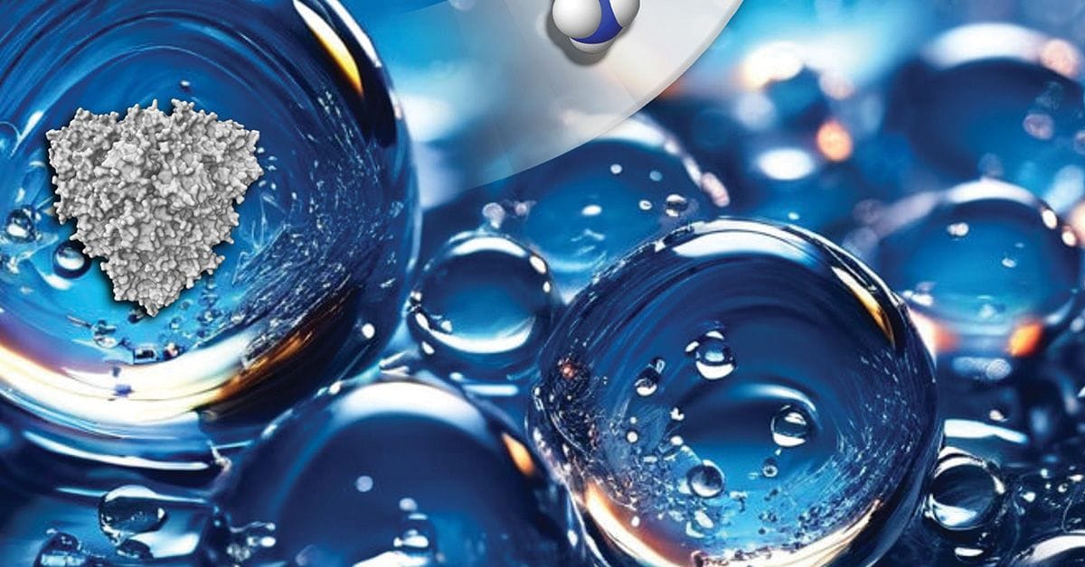 Close-up image of metallic nanoparticles and bubbles in a fluid, reflecting blue light and creating a dynamic visual.