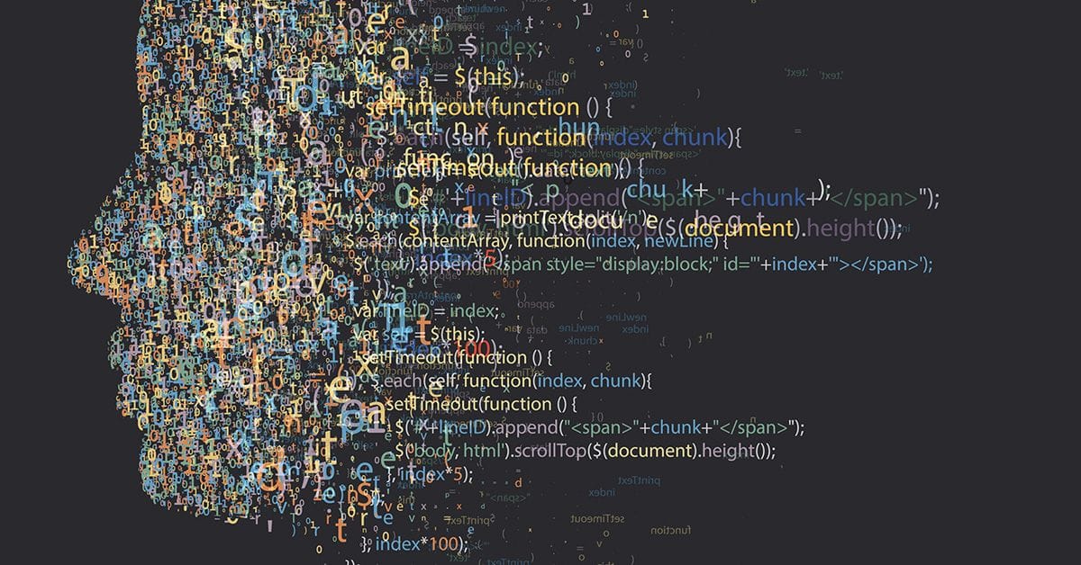 An abstract profile of a human head created from colorful programming code against a dark background, symbolizing tech and AI.