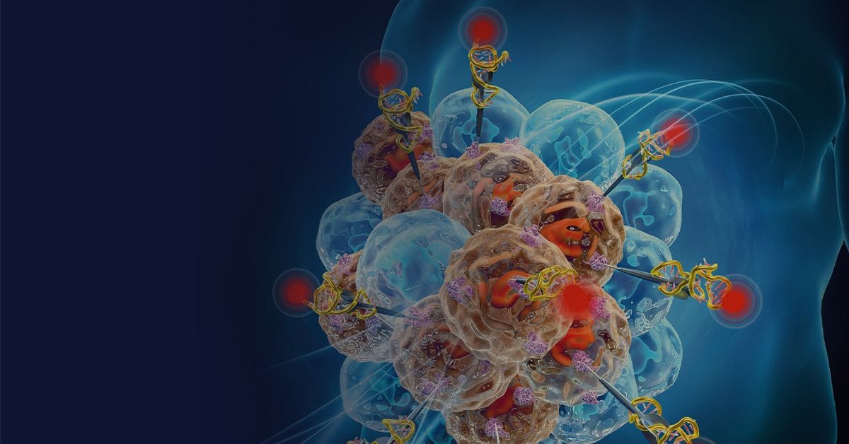 Illustration of cells interacting with the immune system. Cells are clustered with glowing red points and yellow structures on a blue background.