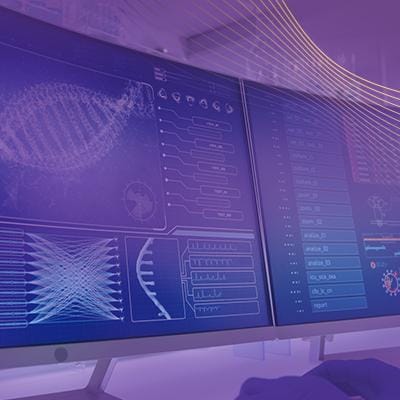 Stylized computer screens displaying scientific data, charts, and a DNA visualization.