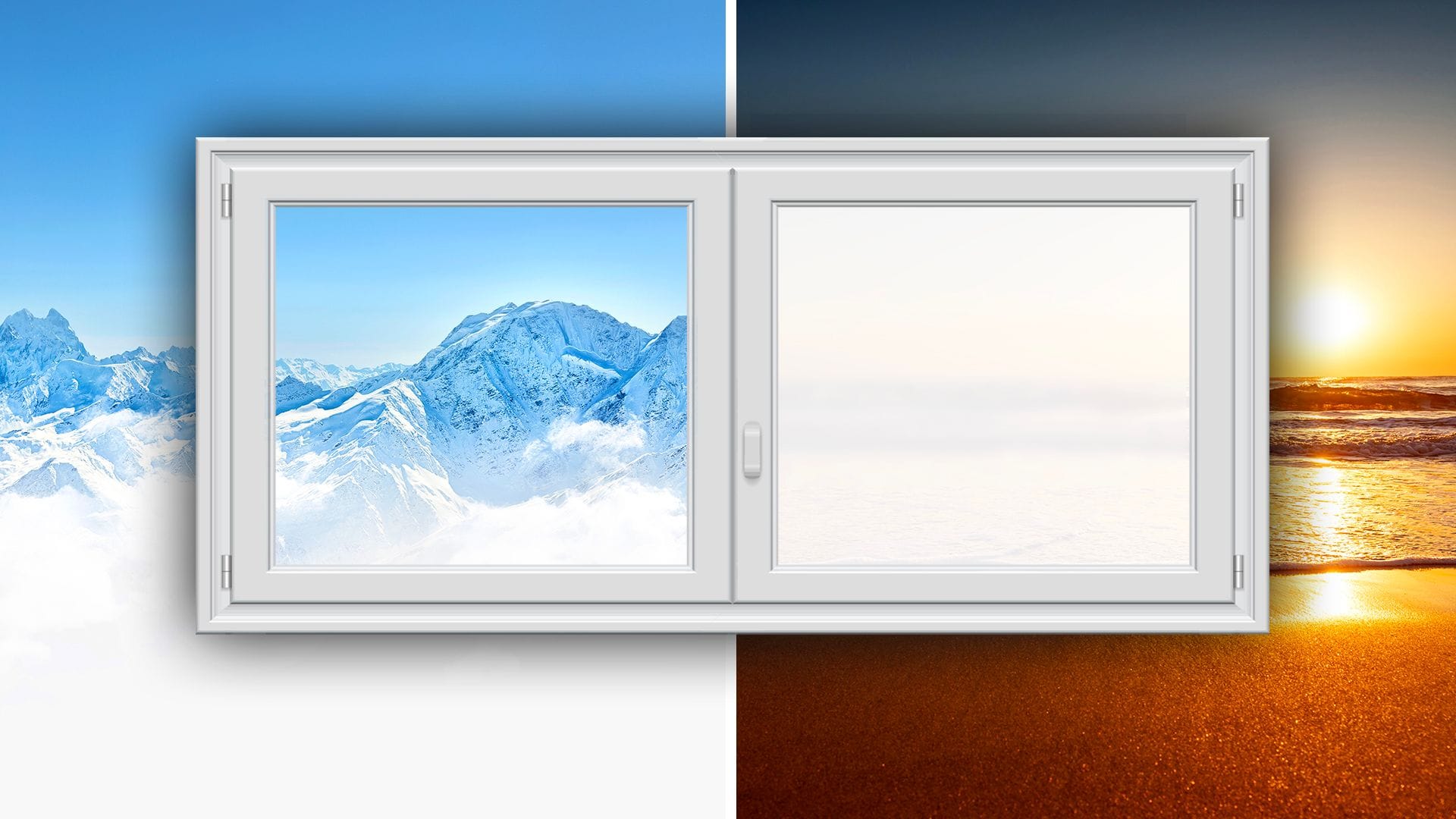 Stylized window illustration showing a cold, icy mountain landscape on one side and a warm ocean sunset on the other.