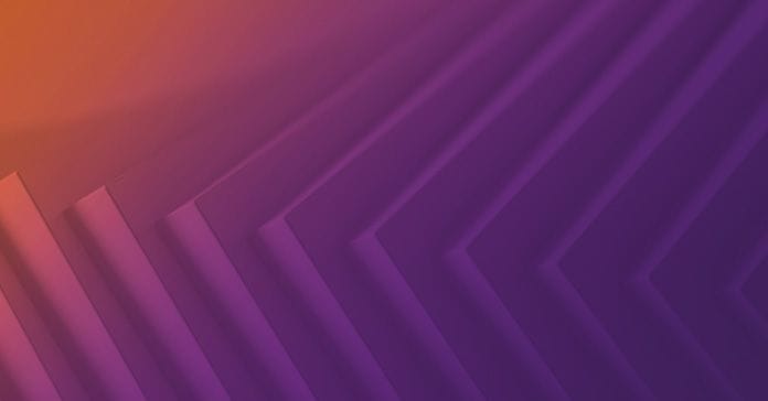 Gradient of purple to orange hues over a geometric pattern of diagonal lines.