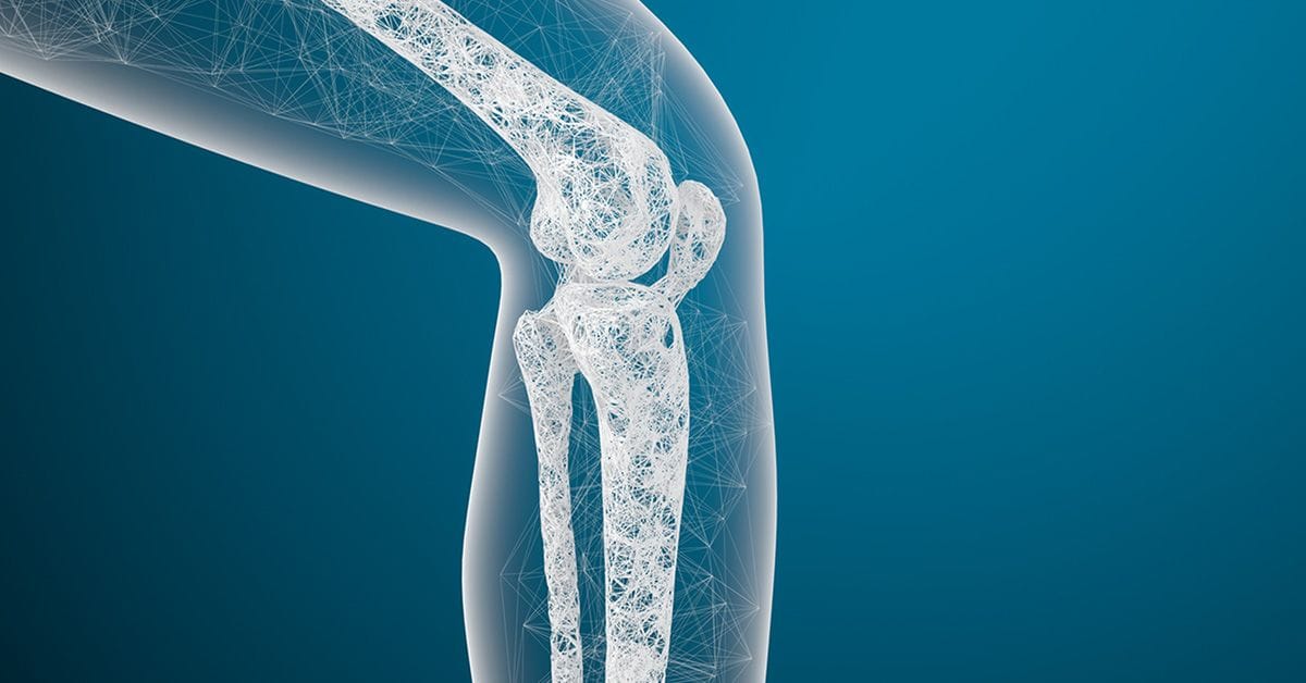A digital illustration of a human knee joint made of interconnected white wireframe lines, highlighting bones and joint structure against a blue gradient background