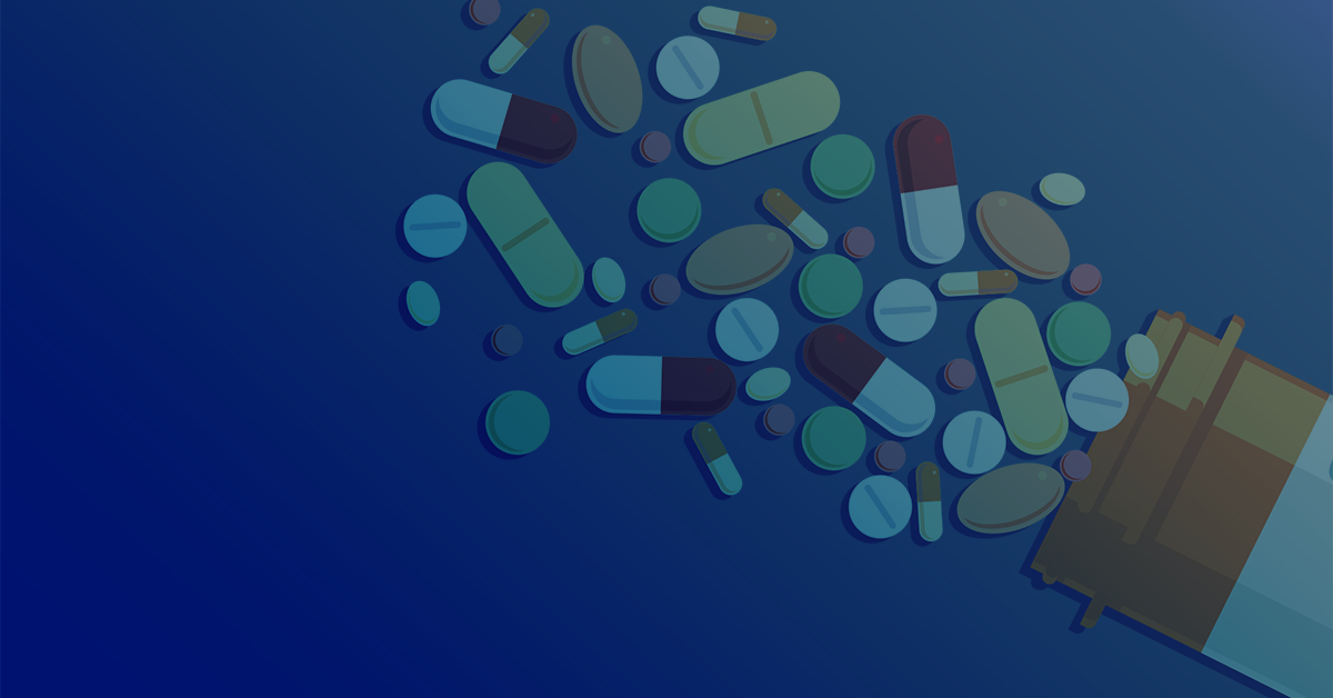 A blue background with pills falling out of a bottle.