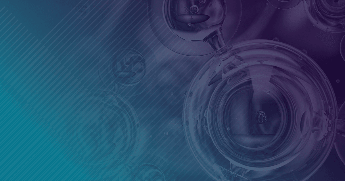 Abstract blue and purple background featuring glass-like spheres and bubbles, enhanced by diagonal lines for visual depth.