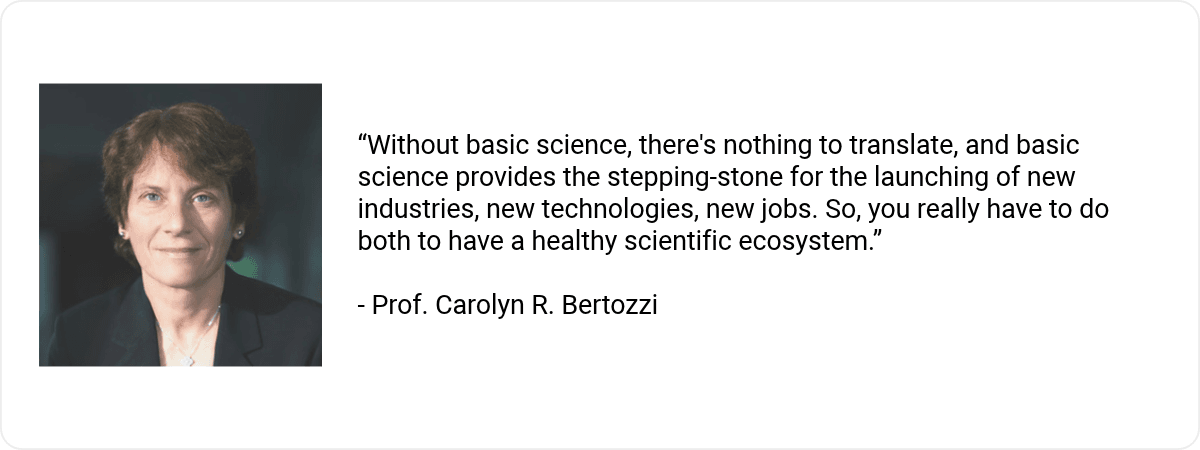 A headshot of Prof. Carolyn R. Bertozzi with the quote ""Without basic science, there's nothing to translate, and basic science provides the stepping-stone for the launching of new industries, new technologies, new jobs. So, you really have to do both to have a healthy scientific ecosystem."