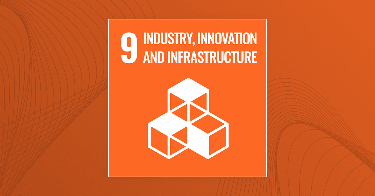 Icon representing UN Sustainable Development Goal 9: Industry, Innovation, and Infrastructure on an orange background.