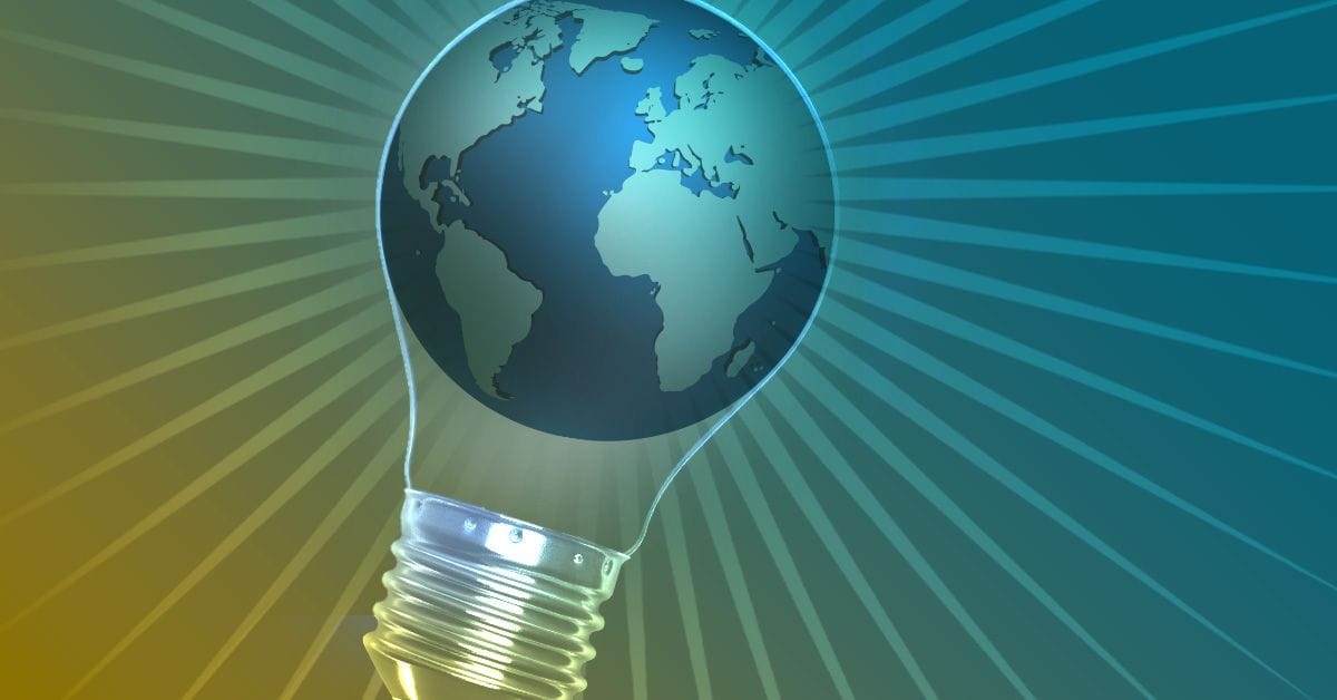 Illuminated Earth Abstract Blue Light Bulb with Planet Earth Inside