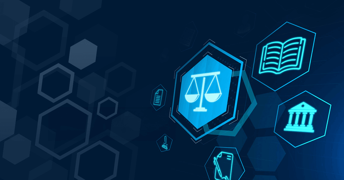 Digital icons representing law and justice, including scales, a book, a courthouse, and legal documents, on a dark background.