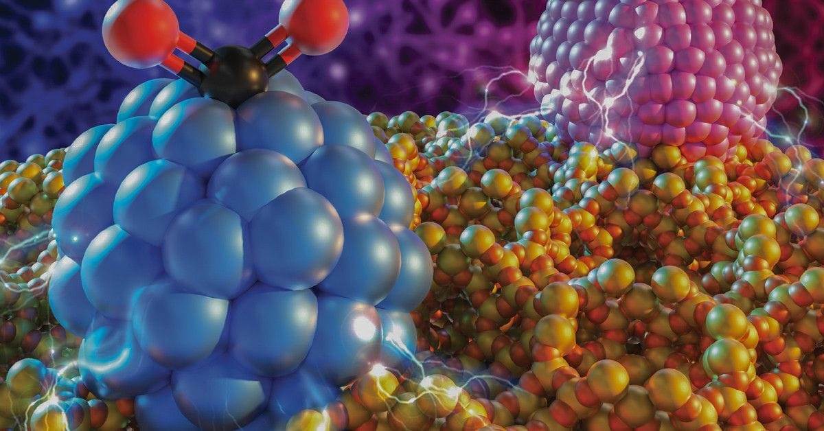 A 3D illustration of catalyst nanoparticles on a surface, showing a blue molecular cluster and a pink particle interacting amid a field of smaller atoms, with electric charge effects visualized.