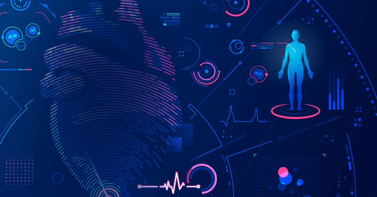A Digital illustration of a fingerprint and human figure surrounded by data-driven interface elements and biometric graphics.