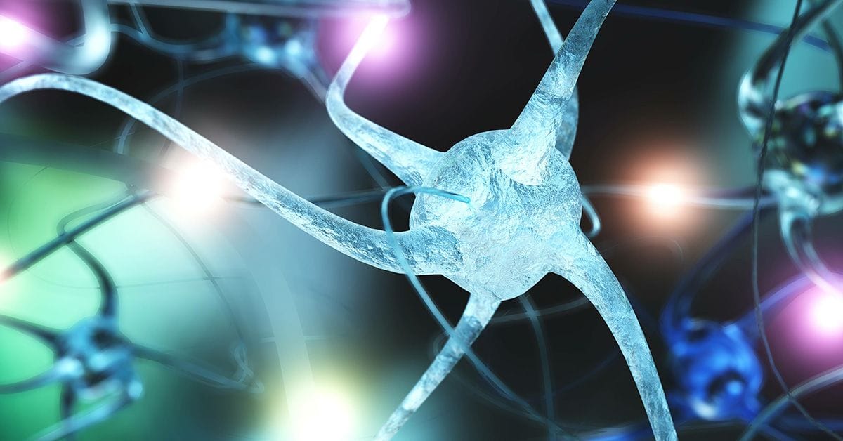 A digital 3D rendering of a Neuron, signal in a neural network, in shades of blue, green, and purple.