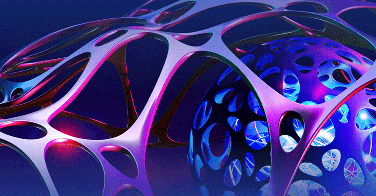 A cropped image of the Precision Chemistry journal cover, depicting an abstract design featuring intertwined, iridescent structures illuminated with blue and pink light against a dark background.