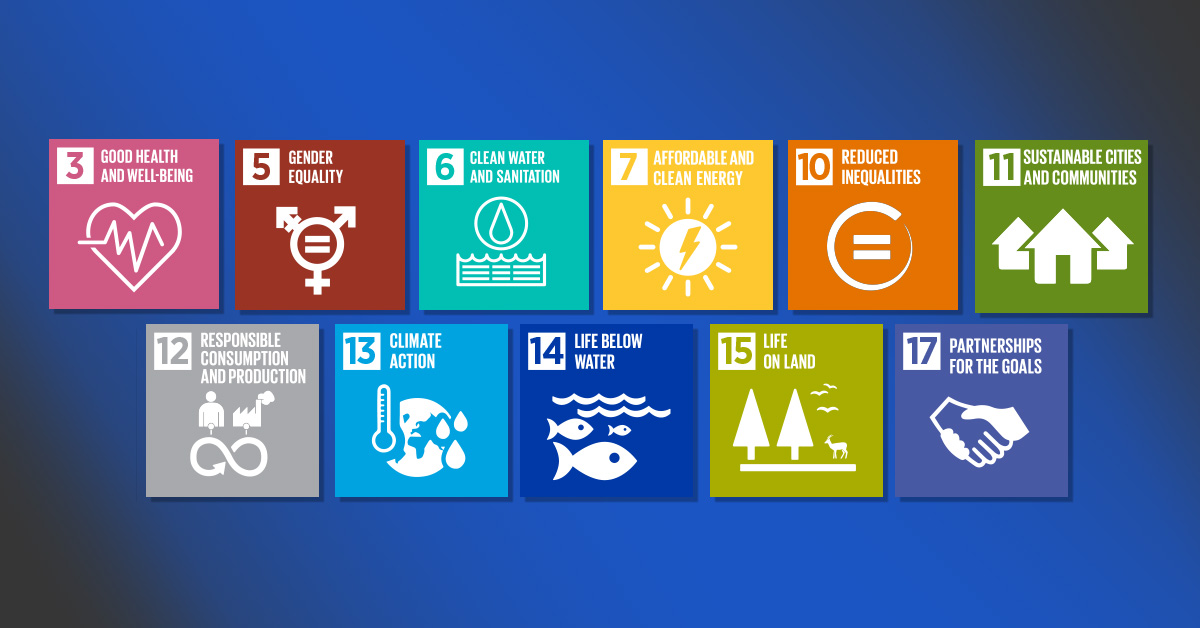 Set of multi-colored square icons describing sustainable values and goals