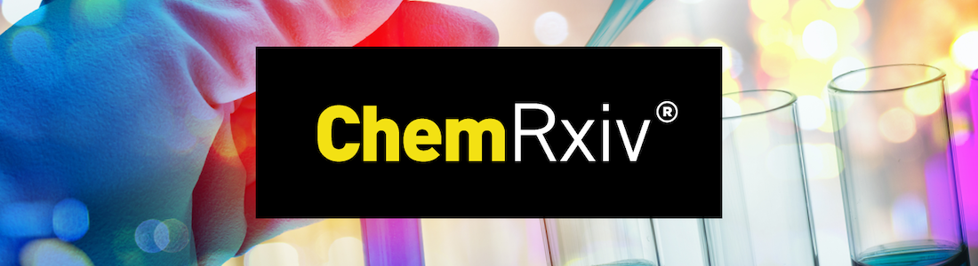 CheRxiv logo on top of colorful chemistry glassware