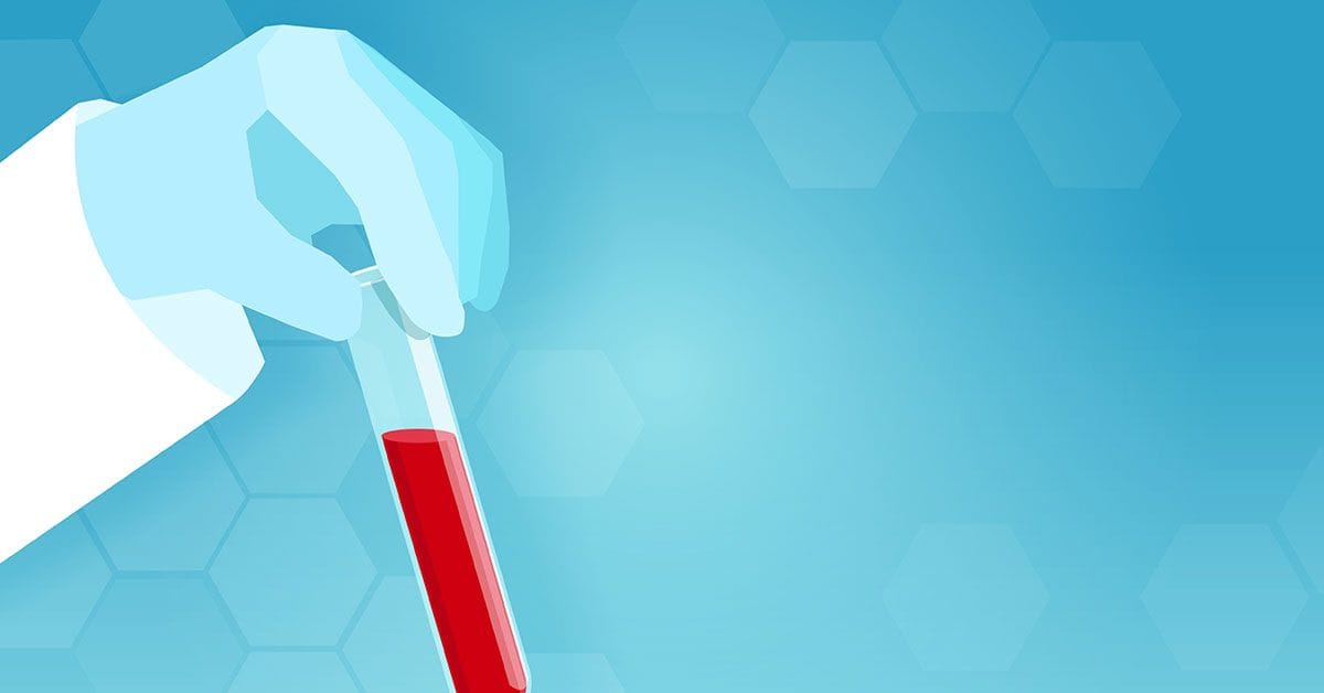 A person holding a test tube of blood on a blue background.