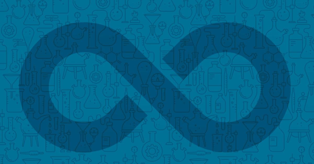 A large, dark blue infinity symbol over a patterned background of various chemistry lab equipment and glassware outlines.