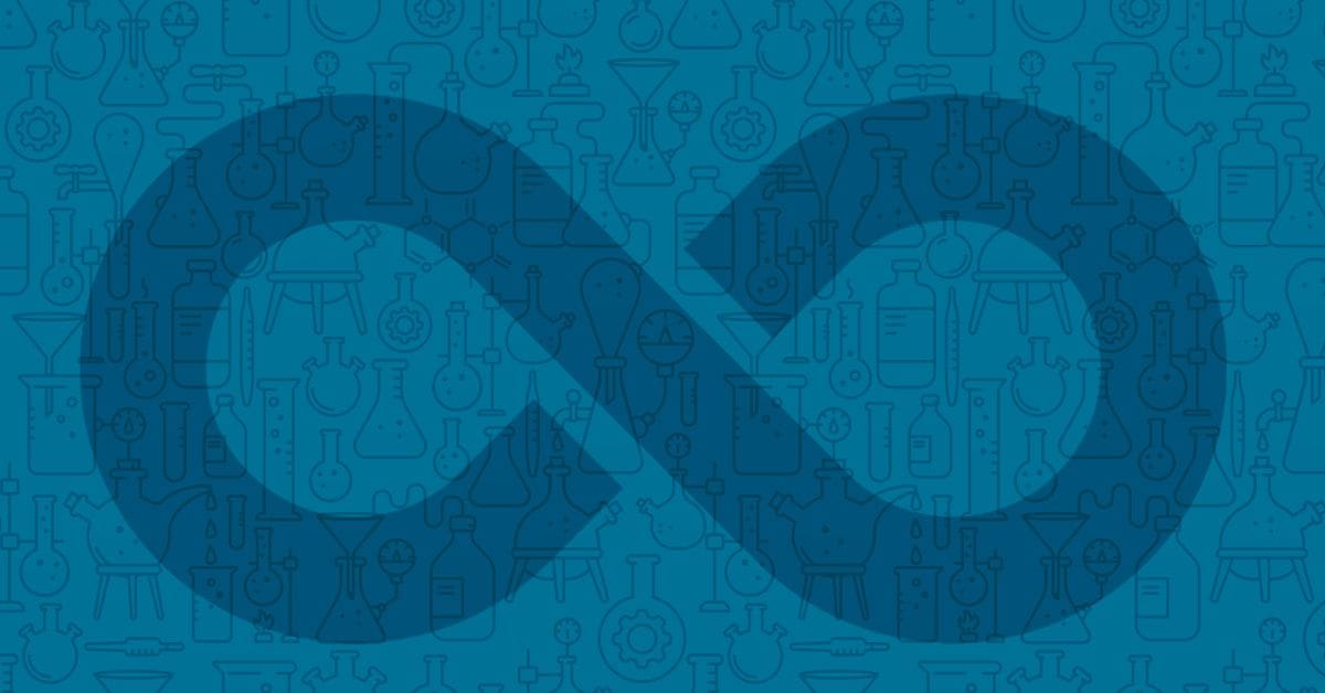 A large, dark blue infinity symbol over a patterned background of various chemistry lab equipment and glassware outlines.