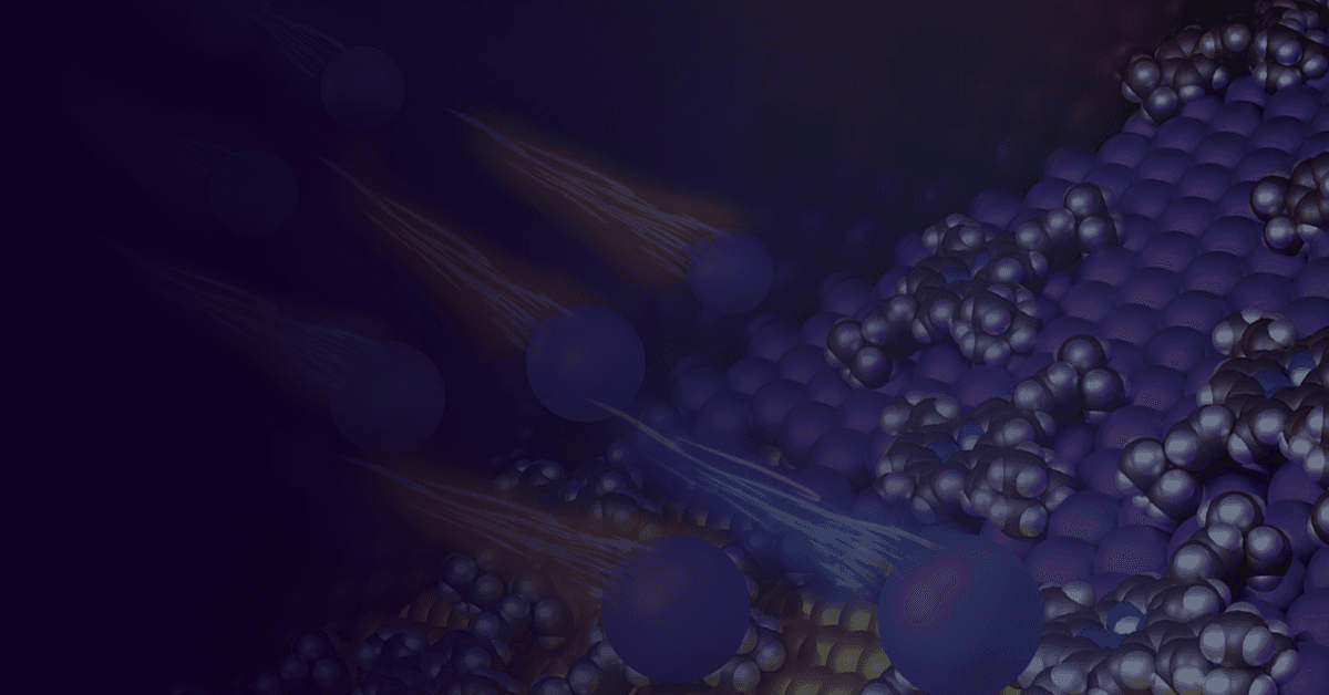 Abstract image showing spheres and light trails among clusters of smaller spheres, all in various shades of blue and purple.
