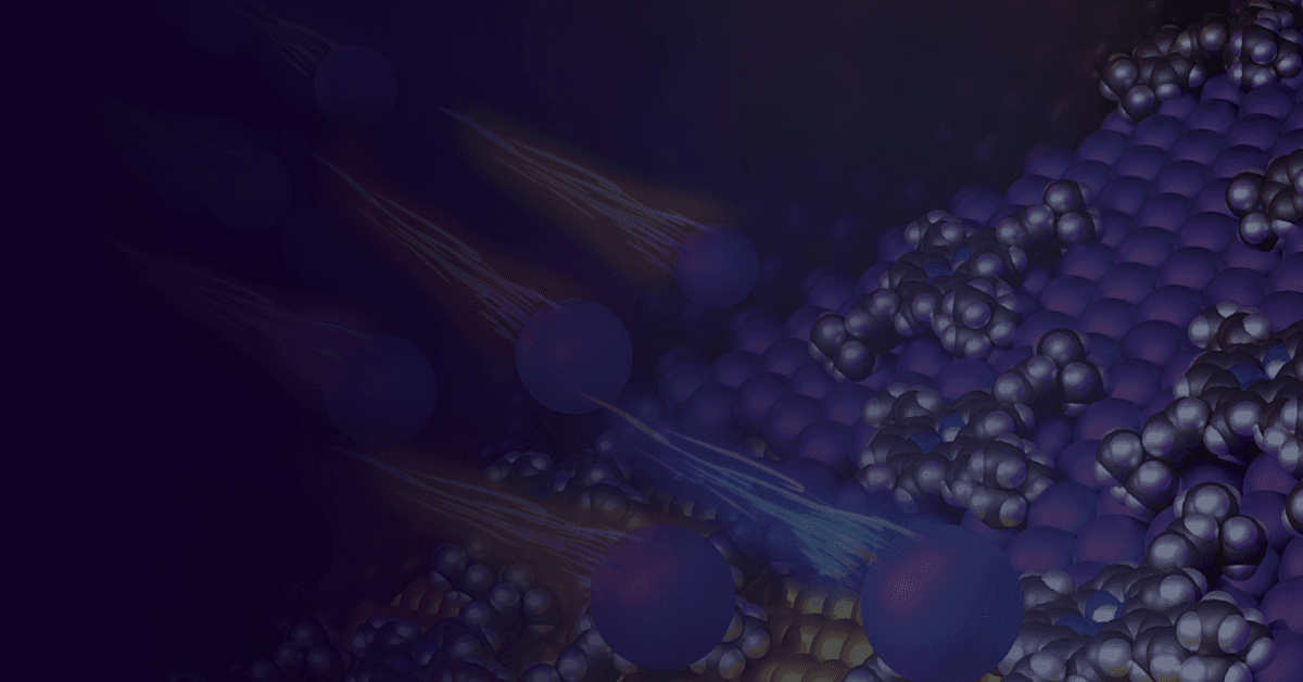 Abstract image showing spheres and light trails among clusters of smaller spheres, all in various shades of blue and purple.