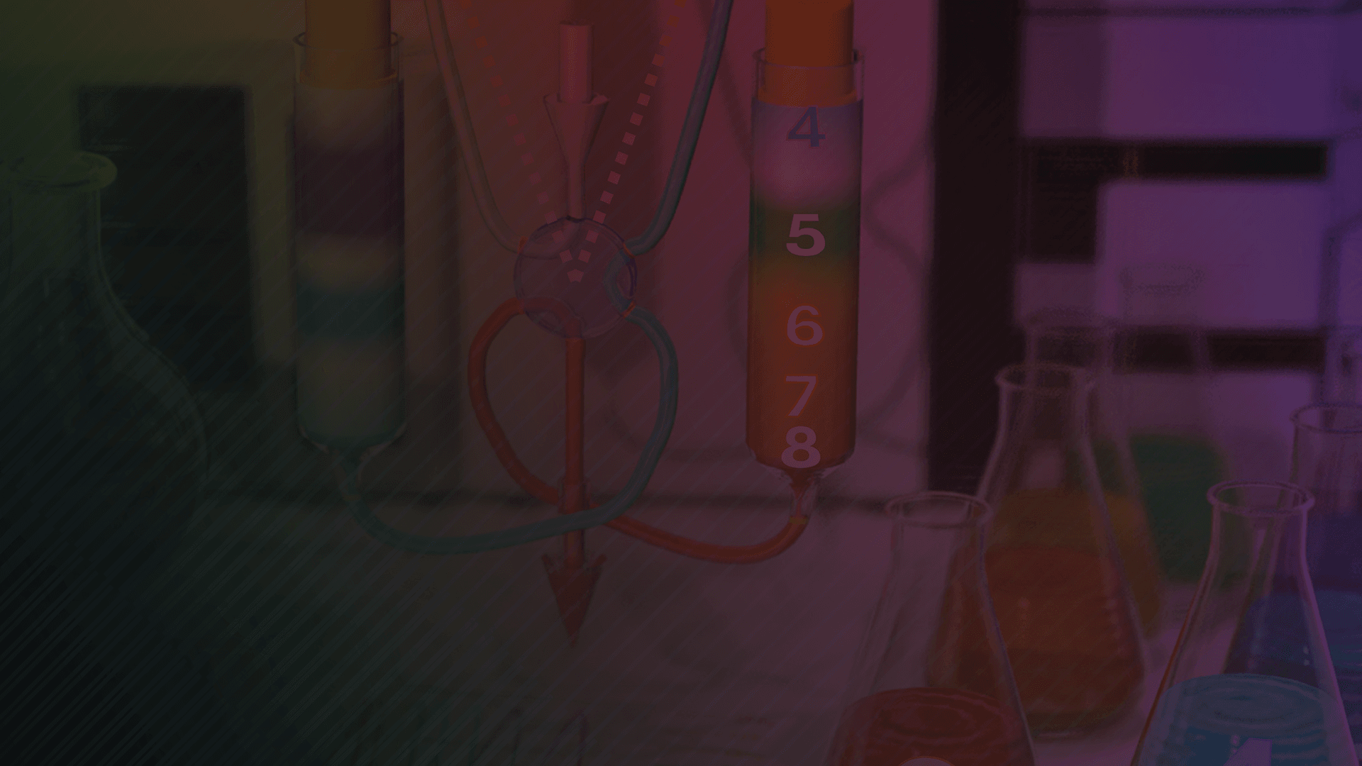 A lab setup showing two connected fluid reservoirs, one marked with numbers 4 to 8. Various lab glassware, including flasks and beakers, are visible in the foreground.