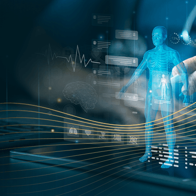 Abstract digital illustration of a transparent human figure with medical data overlays.
