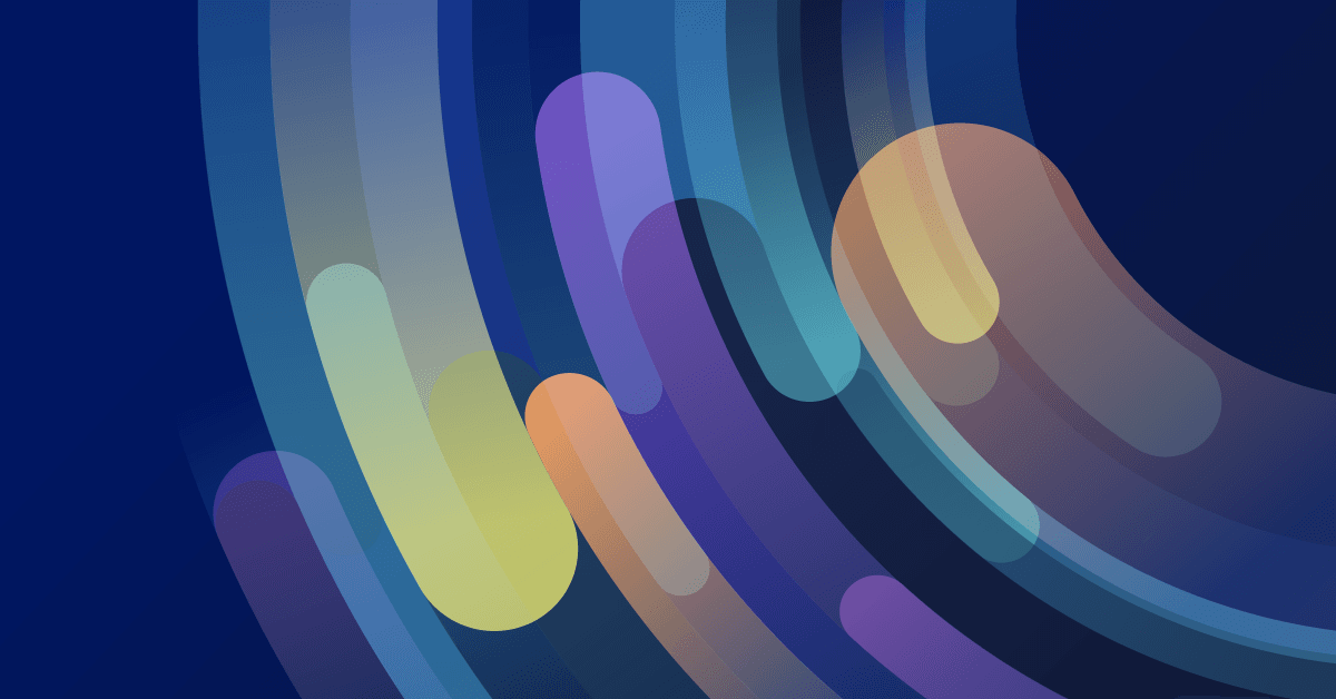 Abstract design featuring flowing, colorful waves of blue, purple, and orange against a dark background, creating a modern, dynamic look.