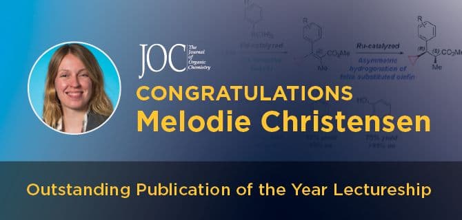 Banner congratulating Melodie Christensen for Outstanding Publication of the Year Lectureship, featuring her photo and chemistry background.