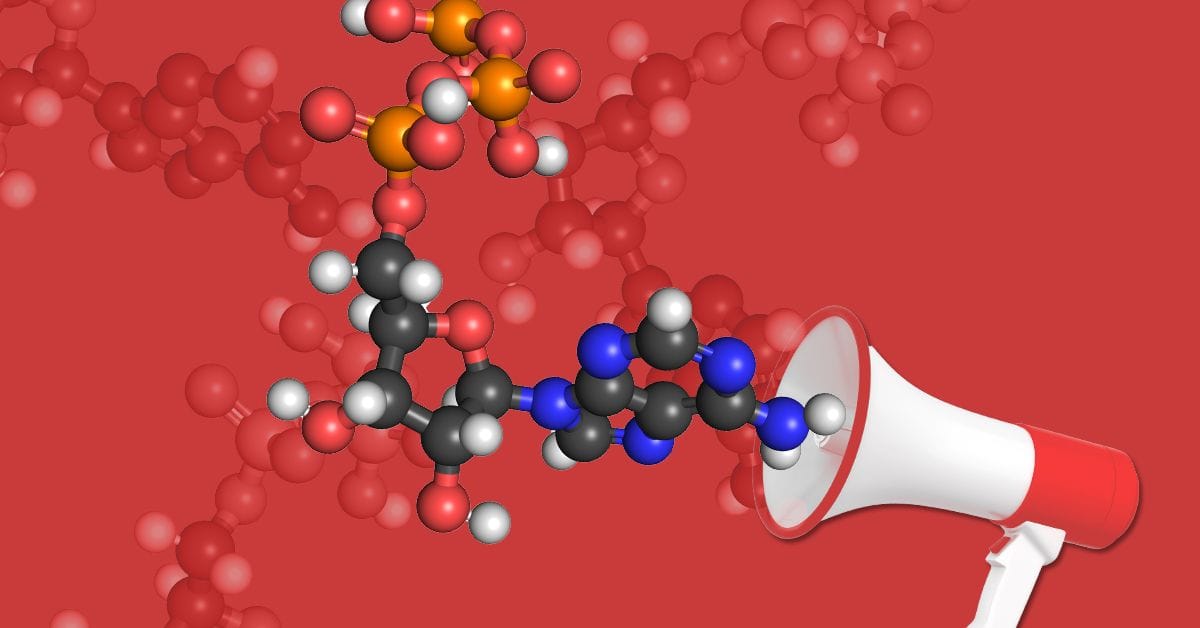 A molecular structure illustration with a red background, featuring a loudspeaker symbolizing communication in scientific contexts.