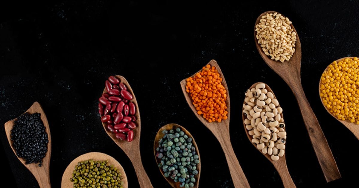 a collection of wooden spoons with various dried beans and grains
