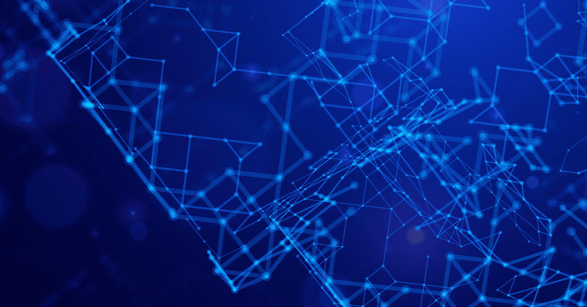 Abstract illustration of glowing blue nodes connected by lines, forming a digital network on a dark blue background.