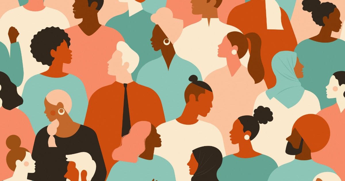 Flat-style illustration of a diverse crowd of people of different ethnicities, ages, and hairstyles, shown in profile in coral, teal, and cream tones.