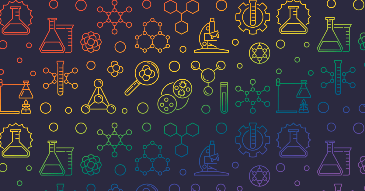 Colorful, rainbow-hued science-themed icons, including flasks, molecules, and microscopes, arranged on a dark background.